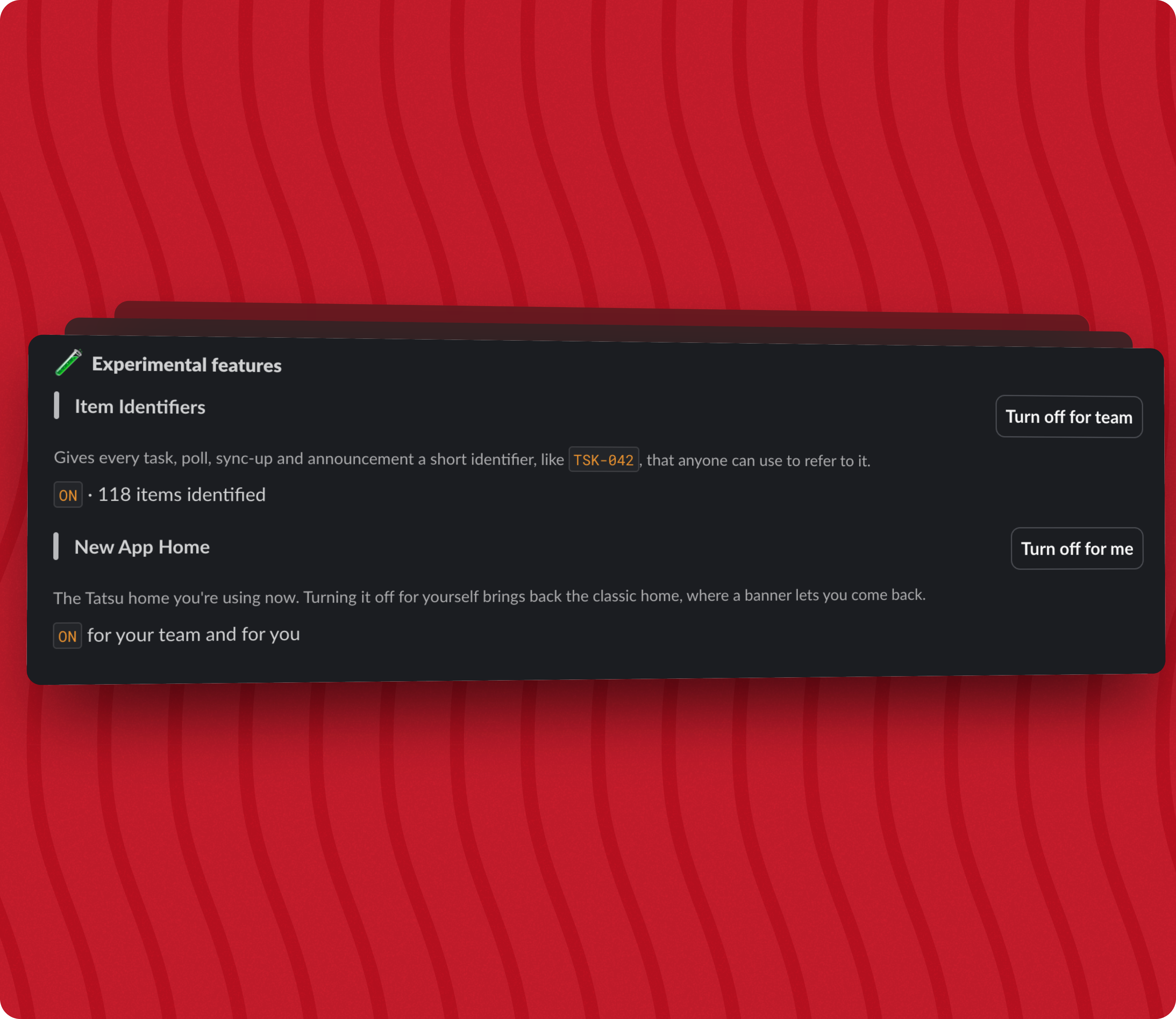 Experimental Features Settings view