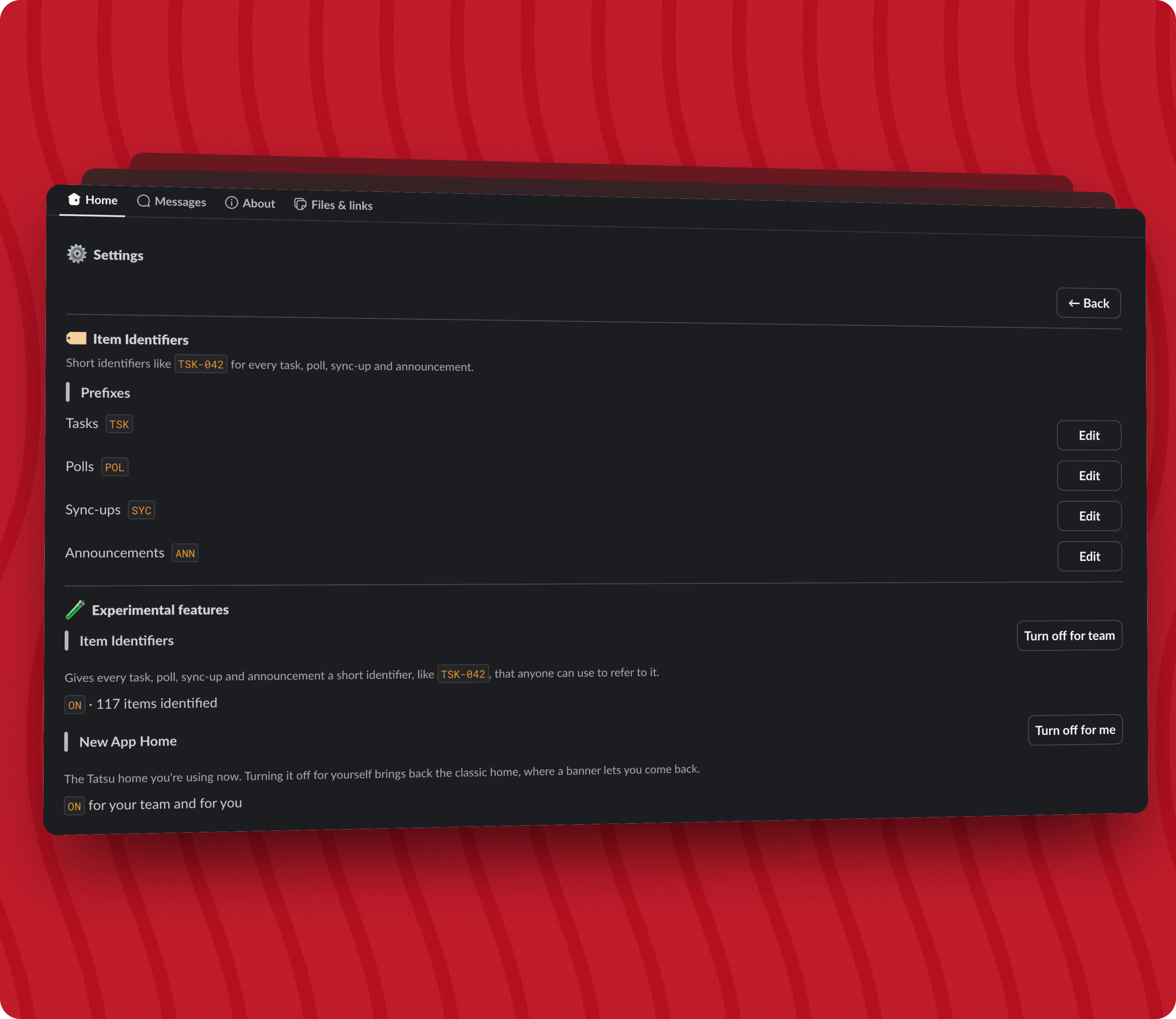 Settings view