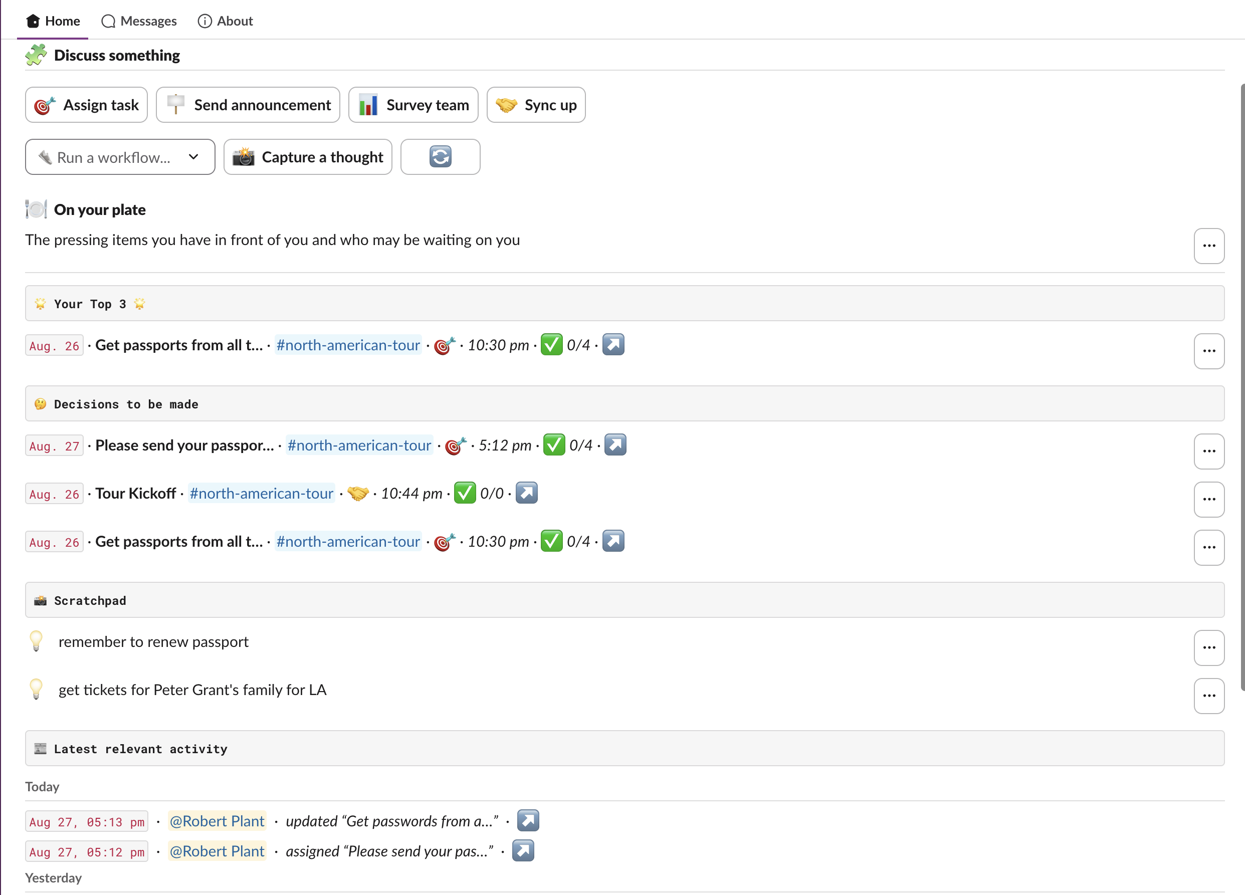 Tatsu's new dashboard in the Slack App Home tab