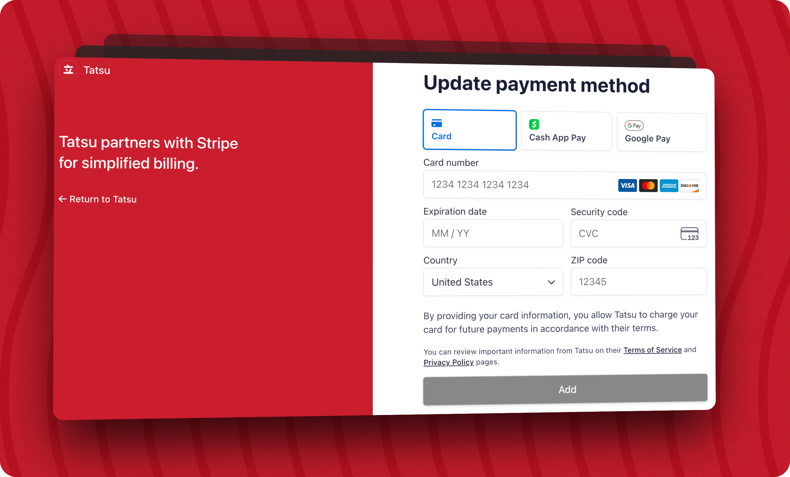 Screenshot of update payment method on the Stripe billing portal